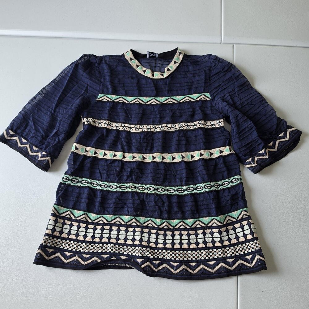 Missoni Tunic Blouse 40 US 4 Blue Geometric Embroidered Sheer Knit Italy Top